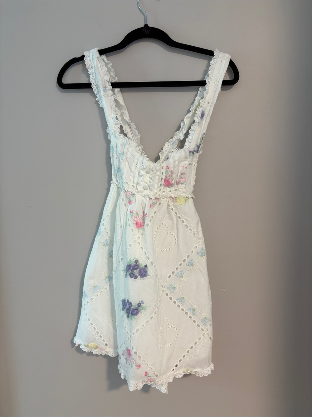 For Love & Lemons White Eyelet Mini Dress with Floral Embroidery
